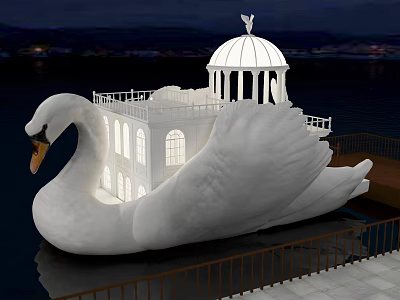 Swan Shaped Illuminated Structure With Dome Pavilion On Night Water Surface 3d model