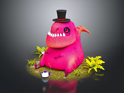 Pink Creature With Top Hat Sharp Teeth And Small Teapot Near Plants 3d model