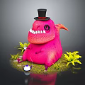 Pink Creature With Top Hat Sharp Teeth And Small Teapot Near Plants 3d model