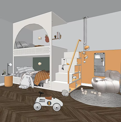 Cozy Kids Room Interior With Bunk Bed Staircase Toy Car Sofa Rug And Pendant Lights 3d model