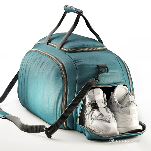 Teal Blue Duffel Bag With Zipper And Adjustable Shoulder Strap Holding White Sneakers 3d model 