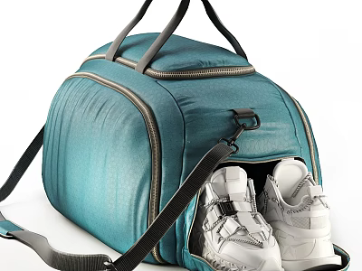 Teal Blue Duffel Bag With Zipper And Adjustable Shoulder Strap Holding White Sneakers 3d model