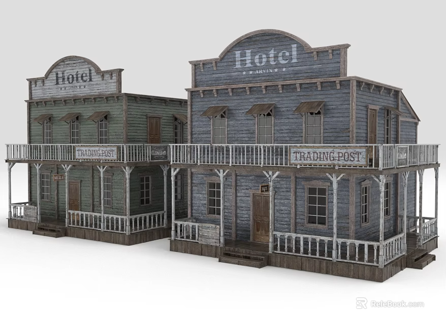 Vintage Western Style Hotel Buildings With Wooden Porch And Traditional Signboards 3d model 