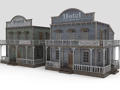 Vintage Western Style Hotel Buildings With Wooden Porch And Traditional Signboards 3d model