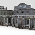 Vintage Western Style Hotel Buildings With Wooden Porch And Traditional Signboards
