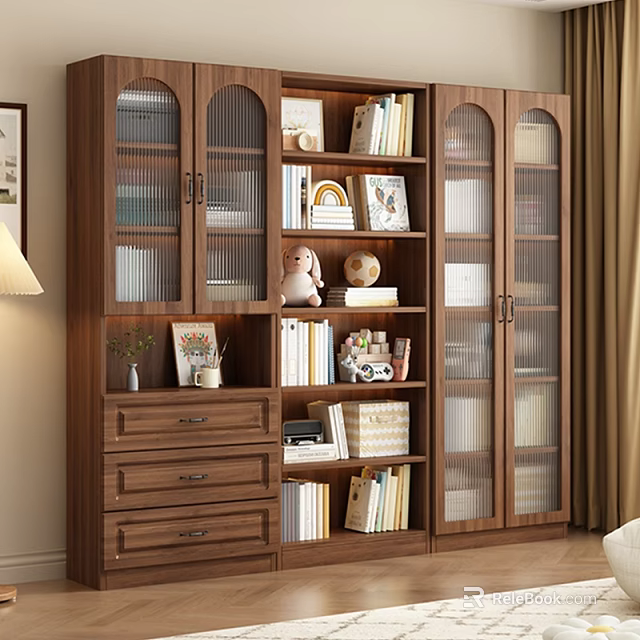 Wooden Bookcase With Glass Doors And Storage Drawers For Books And Decorative Items 3d model 