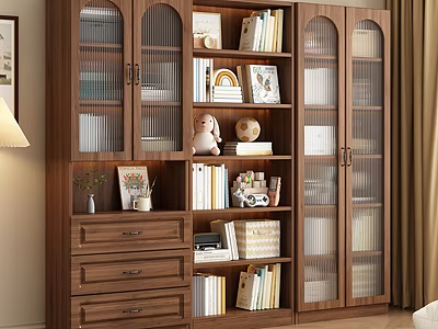 Wooden Bookcase With Glass Doors And Storage Drawers For Books And Decorative Items 3d model
