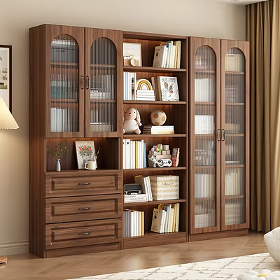 Wooden Bookcase With Glass Doors And Storage Drawers For Books And Decorative Items 3d model