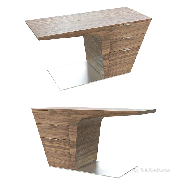 Modern Office Desk With Walnut Wooden Finish Drawers And Unique Support Structure 3d model 