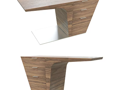 Modern Office Desk With Walnut Wooden Finish Drawers And Unique Support Structure 3d model