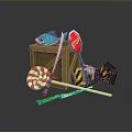 Colorful Weapon Collection With Sword Lollipop Stick Stop Sign And Bomb In Wooden Crate