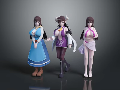 Three Anime Female Characters With Mythical Creature Horns In Blue Purple Pink Costumes 3d model