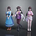 Three Anime Female Characters With Mythical Creature Horns In Blue Purple Pink Costumes