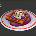 Waffle With Ice Cream Drizzled Sauce And Fresh Blueberries On White Plate Red Stripes