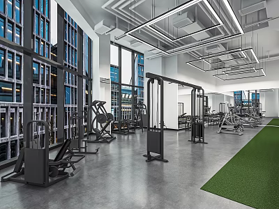 Spacious Modern Gym With Large Windows Green Turf Area And Fitness Equipment 3d model
