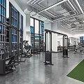 Spacious Modern Gym With Large Windows Green Turf Area And Fitness Equipment