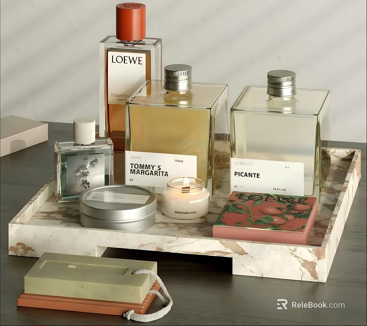 Decorative Ornament Set on Marble Tray with Perfume Bottles Candle Metal Tin and Decorative Box 3d model 