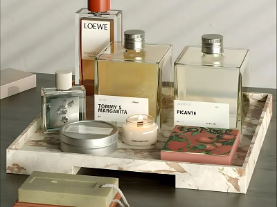 Decorative Ornament Set on Marble Tray with Perfume Bottles Candle Metal Tin and Decorative Box 3d model