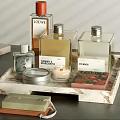 Decorative Ornament Set on Marble Tray with Perfume Bottles Candle Metal Tin and Decorative Box