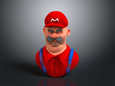 Man Wearing Red Hat With White M Logo Red Shirt Blue Overalls And Large Mustache 3d model