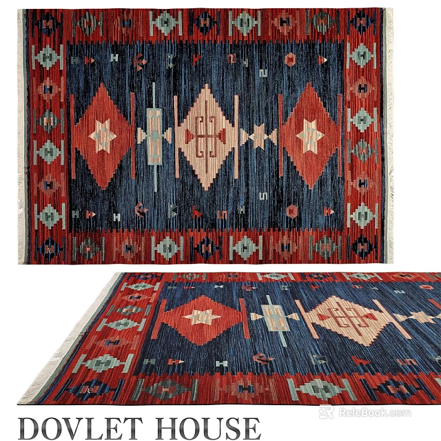 Square Rug With Geometric Patterns Blue Red Beige Colors Traditional Design For Living Room 3d model 