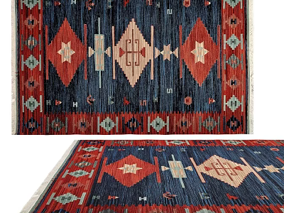 Square Rug With Geometric Patterns Blue Red Beige Colors Traditional Design For Living Room 3d model