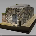 Ancient Stone Building Model With Arch Doorway Iron Grille Gate And Moss Covered Walls