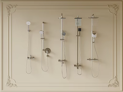 Different Styles Of Modern Shower Heads Wall Mounted On Elegant Decorative Wall 3d model