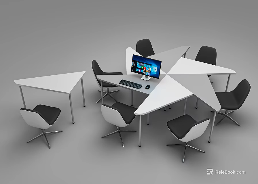 Modern Modular Triangular Conference Table With Black Chairs And Laptop Keyboard 3d model 