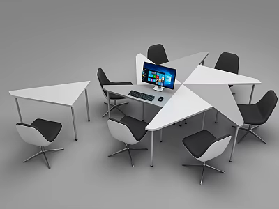 Modern Modular Triangular Conference Table With Black Chairs And Laptop Keyboard 3d model