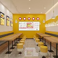 Bright Yellow Themed Restaurant Interior With Long Wooden Tables And Yellow Stools
