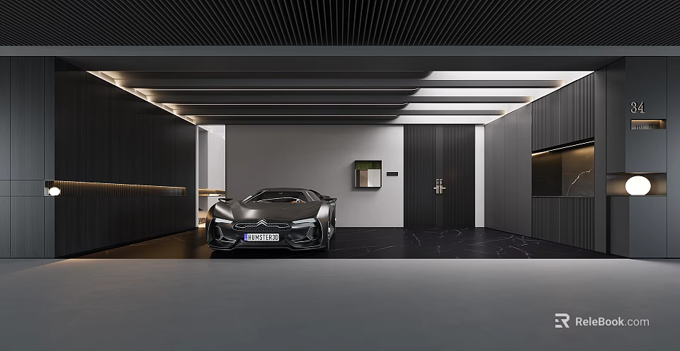 Modern Garage Interior With Black Sports Car Sleek Black Walls And Linear Ceiling Design 3d model 