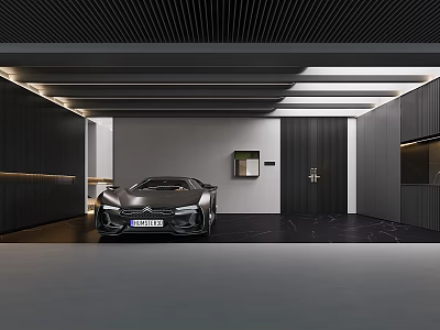 Modern Garage Interior With Black Sports Car Sleek Black Walls And Linear Ceiling Design 3d model