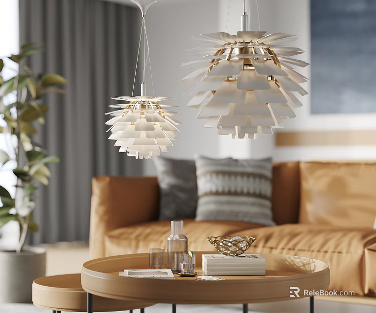 Modern Pendant Lights In Living Room Interior With Orange Sofa And Coffee Table 3d model 