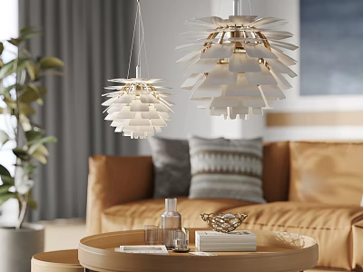 Modern Pendant Lights In Living Room Interior With Orange Sofa And Coffee Table 3d model
