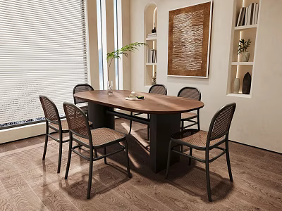 Modern Wooden Dining Table Set with Six Woven Back Chairs Window Blinds and Decorative Painting 3d model