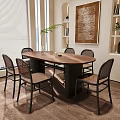 Modern Wooden Dining Table Set with Six Woven Back Chairs Window Blinds and Decorative Painting