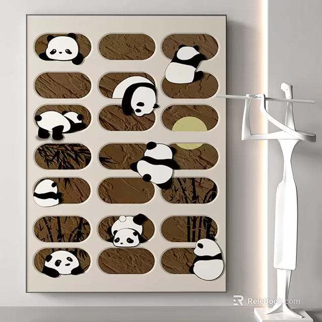 Panda Stickers Design On Brown Background With Bamboo Patterns And Artistic Layout 3d model