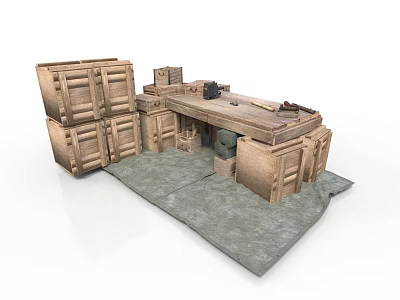 Modern Workshop Scene With Wooden Crates Drawers And Workbench On Gray Mat 3d model