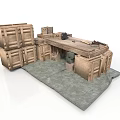 Modern Workshop Scene With Wooden Crates Drawers And Workbench On Gray Mat