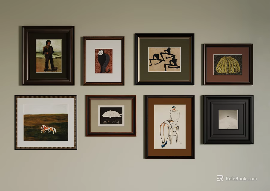 Wall Art Display With Various Framed Artworks On Wall 3d model