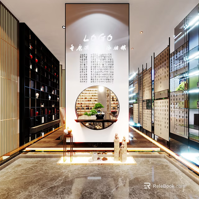 Elegant Chinese Style Interior Space With Circular Window Calligraphy And Display Shelves 3d model 
