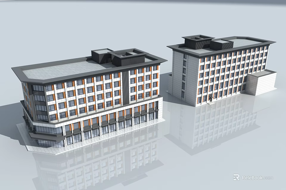 Two Modern Multi Level Office Buildings With White Facade Dark Roof And Multiple Windows 3d model 