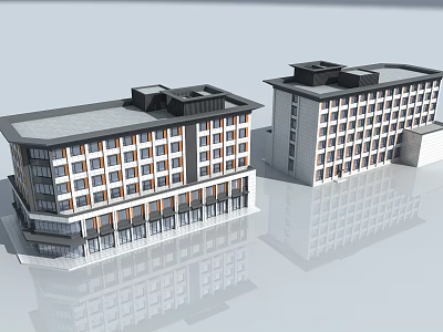Two Modern Multi Level Office Buildings With White Facade Dark Roof And Multiple Windows 3d model