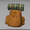 Trendy Orange Backpack With Green And Yellow Striped Rolled Item On Top