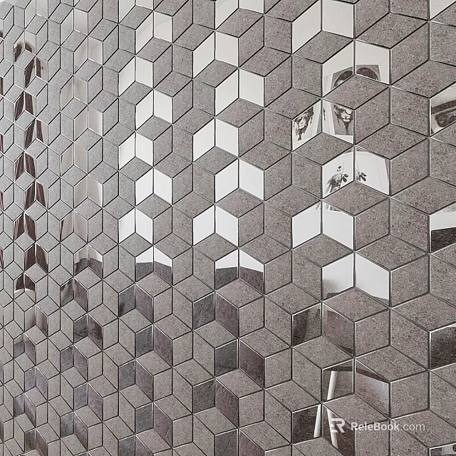 Geometric Wall Design With Hexagonal Mirror Tiles And Reflective Surfaces 3d model