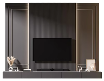 Modern TV Wall Design With Vertical Slats Decorative Panels TV Stand And Ambient Lighting 3d model