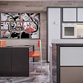 Modern Kitchen Interior Design With Island Orange Chairs Large Windows And Marble Flooring