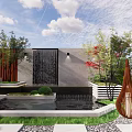 Serene Garden Landscape With Red Trees Green Lawn Stone Pavement Outdoor Seating And Wooden Screen