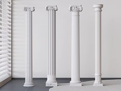 White Classical Columns with Various Decorative Designs in Interior Room and Window Blinds 3d model